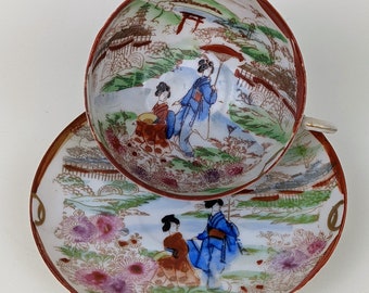 Geisha Girl eggshell porcelain cup and saucer set made in Japan pre-World War II