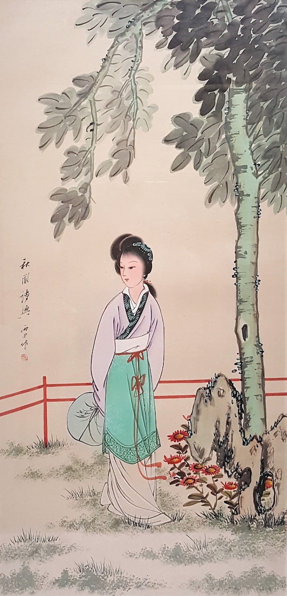 Chinese Beauty Woodblock Print on Silk Over Paper Maiden With Fan