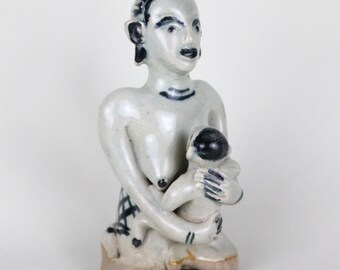 Figura de cerámica antigua de madre e hija de la dinastía Qing (tradición del horno Yuxi, siglos XVIII y XIX), 12 cm