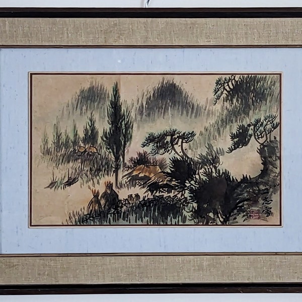 Japanese inkbrush and watercolor painting landscape signed red stamp framed 22x16 inches