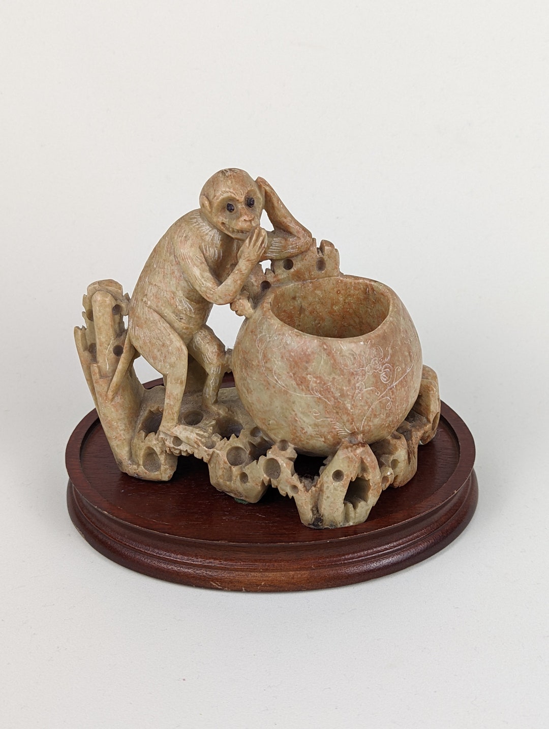 Soapstone Carving Monkey and Giant Peach Sculpture Brush Pot Etsy