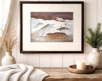 Etta Cien acuarela paisaje invernal granero nevado casa de campo pintura rural cuadro enmarcado decoración de pared 21.25x17.6 pulgadas