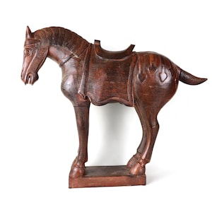 Tang horse solid wood carved in the Tang Dynasty style by Chinese artist carver a large art sculpture 20.5 inches wide weighing about 9 lbs.