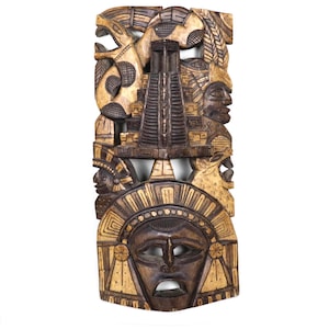 Aztec Mayan mask vintage hand-carved wood with indigenous symbols single piece of wood wall hanging 21 inches high