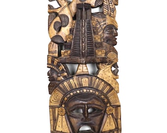 Aztec Mayan mask vintage hand-carved wood with indigenous symbols single piece of wood wall hanging 21 inches high