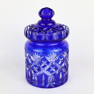 Cobalt blue crystal jar lidded vintage bohemian cut crystal 6.75 inches high