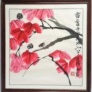 Dipinto a pennello con inchiostro di cicala su foglie rosso fuoco nello stile dell'artista cinese contemporaneo Maestro Qi Baishi con cornice 22,4x21 pollici