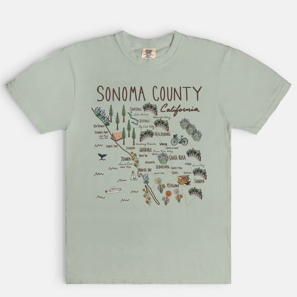 Sonoma County California T-Shirt, Santa Rosa, Sonoma, Healdsburg,  Guerneville, California Camping, Wine Country, Russian River, Map T-shirt