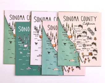 8x10 Illustrated Sonoma County Map Print on Card Stock, Sonoma, Russian River Valley, Healdsburg, Santa Rosa, Guerneville, Sebastopol