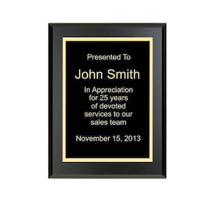 Custom Recognition Plaque 9" x 12" Matte Black with Laser Engraving. Your Choice of Designer Plate Color. Sales Award, Employee Award