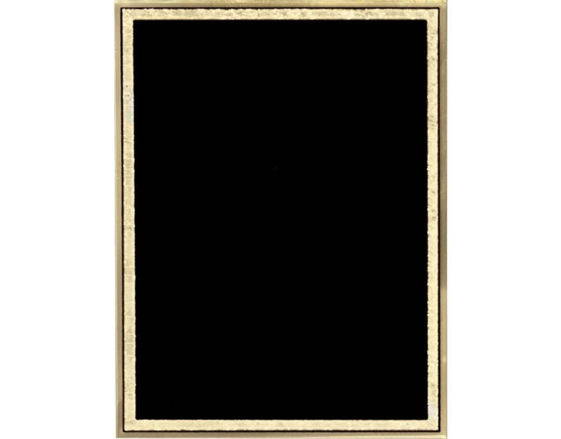 May include: A black plaque with a gold frame. The frame has a textured design.