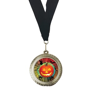 Personalized 2 3/4&quot; Bright Gold Insert Medal – Halloween – Includes Neckband and Engraved Plate