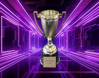 May include: A silver trophy cup with a black base and the words "VICTORY CUP" on a gold plate. The background features a futuristic design with purple neon lines and a dark purple gradient.