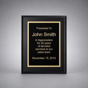 Custom Recognition Plaque 7" x 9" Matte Black Laser Engraving. Your Choice of Designer Plate Color. ~ Sales Award, Employee Award image 1