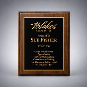 8" x 10" Cherry-Finish Recognition Plaque with Custom Laser Engraving. Your Choice of Designer Plate Color.