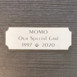 May include: Silver plaque with rounded corners and engraved text: "Momo Our Special Girl 1997 2020" with a paw print symbol between the years.