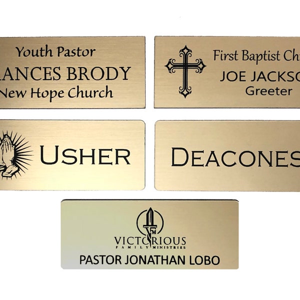 Badge nominatif de l'église chrétienne avec aimant - 3 "x 1 1/4" - Gravé sur mesure pour pasteur, diacre, diaconesse, huissier, chef laïc, accueil ou bureau