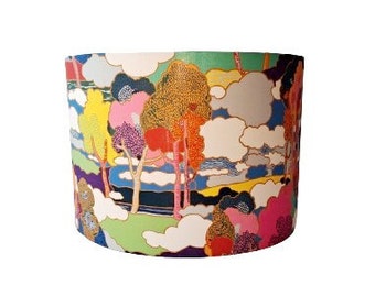 Tree print lampshade in pink, blue and yellow