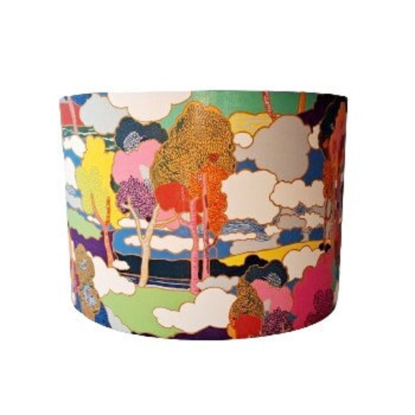 Tree print lampshade in pink, blue and yellow