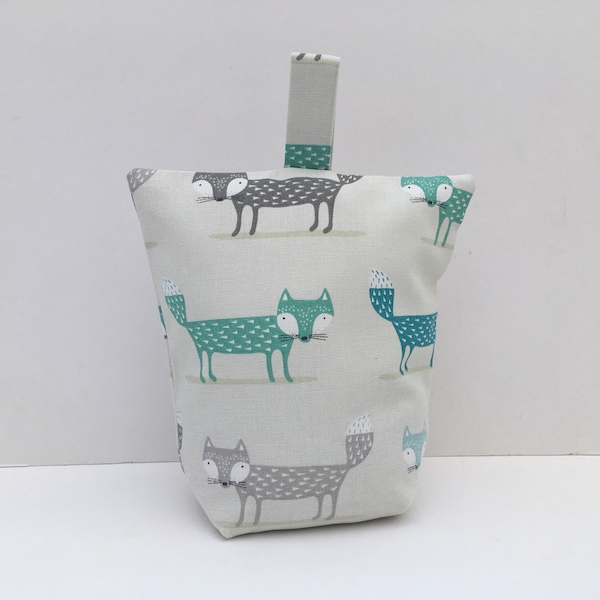 Fox print door stop in green, grey and mustard