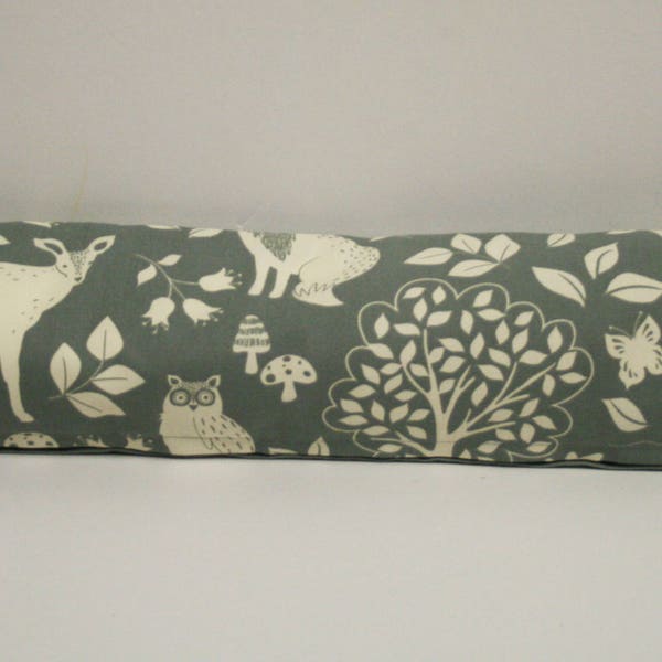 Woodland print draught excluder cushion in grey