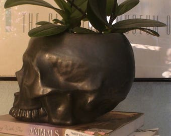 Ceramic Skull Planter, Black Skull Planter, Human Skull Planter