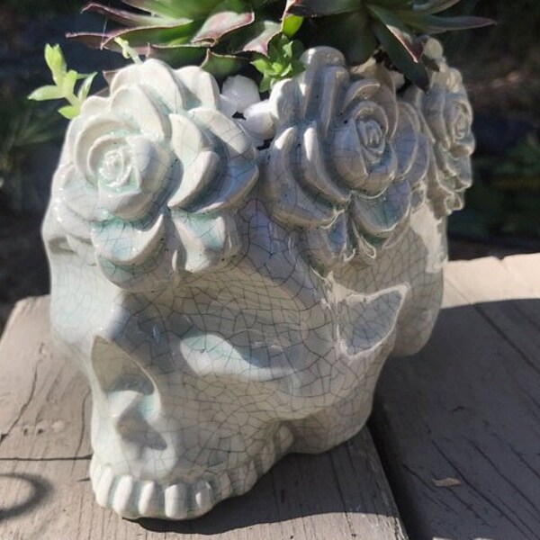 Skull planter,  celadon green crackle glaze,  sugar skull, ceramic skull planter