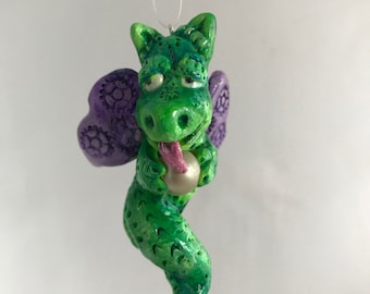 Handmade polymer clay Green Luck Dragon grasping at a pearl,everyday ornament, my own clay creation.