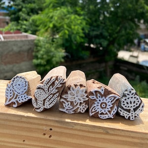 Pack of 5 Hand-Carved Wooden Leaf & Floral Block Prints Handmade Block Paper, Fabric Print Stamp Handmade Sheesham Wooden Block Print Stamp