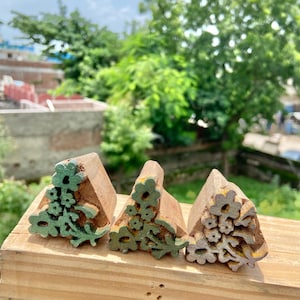 Pack of 3 Floral Design Hand carved Wooden Block Prints for Fabric and Craft Handmade Sheesham Wooden Block Paper & Fabric Print Block Sta