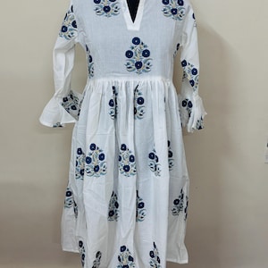 Handmade White Cotton Dress: Indigo Floral Block Print, Long Sleeve Midi