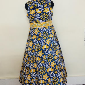 Handblock Printed Cotton Maxi Dress: Navy Yellow Floral Anarkali