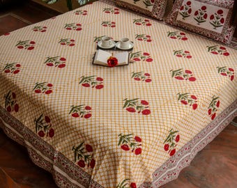 Red Floral Block Print Bedsheet: Handprinted Cotton Bedcover