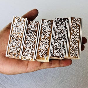 Hand-Carved Floral Border Block Stamp Set (5 Pieces) | Wood Printing Blocks for Fabric, Paper & Clay | Indian Textile Tools | Boho Design