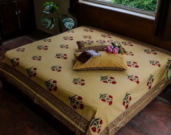 Red Floral Block Print Bedsheet: Beige Cotton Indian Bedding