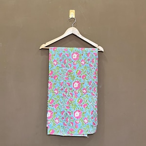 Pastel Blue Floral Handblock Printed Rayon Fabric Pink Green Floral Print Fabric by the Yard