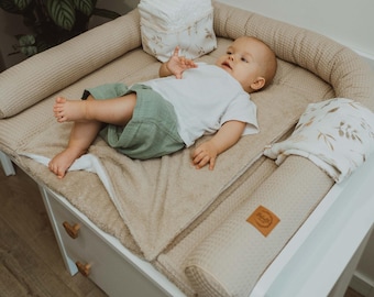 Baby changing mat with waterproof detachable cover with snaps I Light Beige terry fabric waffel
