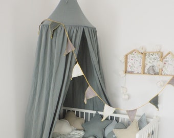 Muslin canopy Grey- Sagegreen / Bed canopy / Kids Baby canopy / Crib canopy / Play canopy / Hanging canopy /  layette / fun