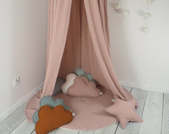 Set = Muslin canopy Woodrose + Play mat + Pillows / Dusty pink / Bed canopy / Kids Baby canopy / Crib canopy / Play canopy / Hanging canopy