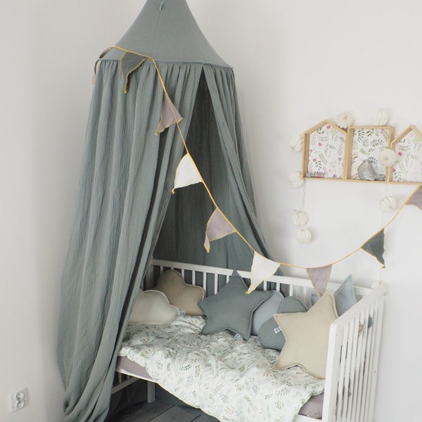 Canopée Gris - vert / Chambre d'enfant / Chambre de bébé / Dais de mousseline / Baldaquin