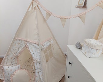 Teepee with pom poms - kids teepee - teepee tent set for kids - indoor and outdoor play tent - beige teepee - natural teepee - Leaves