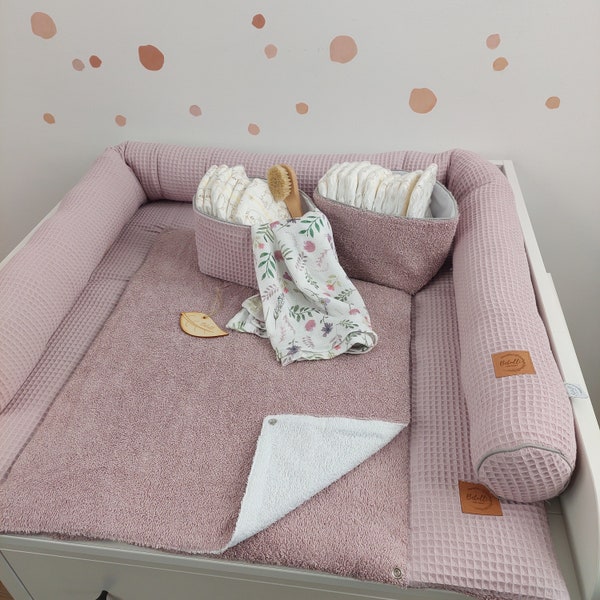 Set Baby changing mat with waterproof detachable cover with snaps I Dusty Pink terry fabric waffel