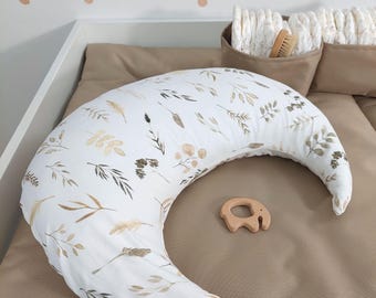 Nursing pillow Moon with removable cover Botanical Leaves, Beige Boho, Pink Flowers