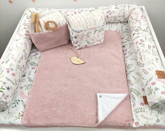 Cambiador con funda impermeable desmontable con cierres a presión | Colchoneta cambiador | Tela de rizo, flores rosa empolvado, natural