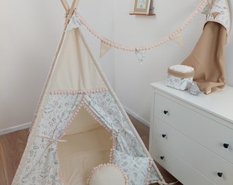 Teepee with pom poms - kids teepee - teepee tent set for kids - indoor and outdoor play tent - beige teepee - natural teepee flowers Leaves