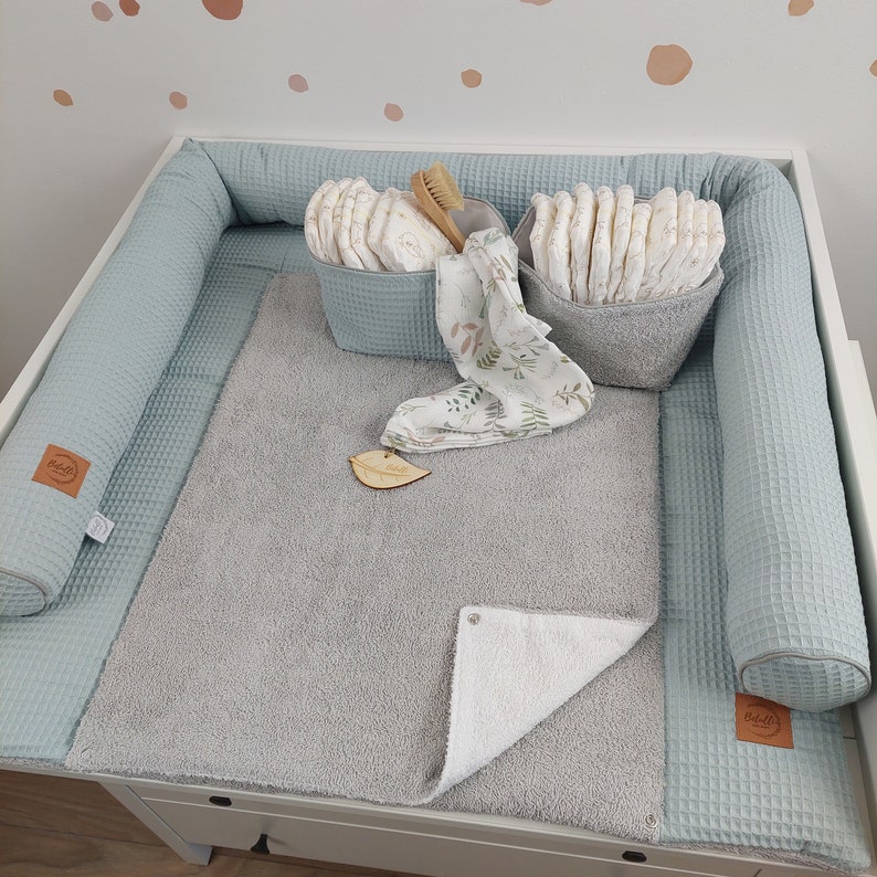 Set I Baby changing mat with detachable cover I Sagegreen Grey terry fabric waffel image 1