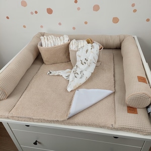 SET Wickelauflage mit wasserdicht abknöpfbare Auflage mit Druckknöpfen I Wickeltischauflage Wickelunterlage I Hellbeige Frotte und Waffele
