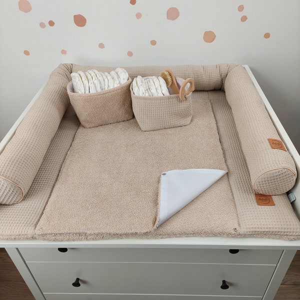 Set I Baby changing mat with waterproof detachable cover I Boho Light Beige terry fabric waffel