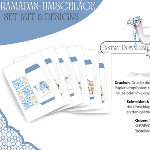 Eid Mubarak Geldumschläge - Set mit 6 wunderschöne Aquarell Zeichnungen- Geldgeschenk Ramadan - Umschlag zum Ausdrucken - Digitale PDF-Datei