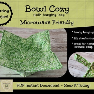 May include: Green and white fabric bowl cozy with a hanging loop. The cozy is microwave safe and is great for heating up oatmeal, soup, or other foods.  PDF Instant Download - Sew It Today!